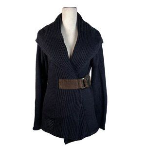 SOFT SURROUNDINGS Sz M Women Shawl Collar Belted Cardigan Sweater Navy Blue